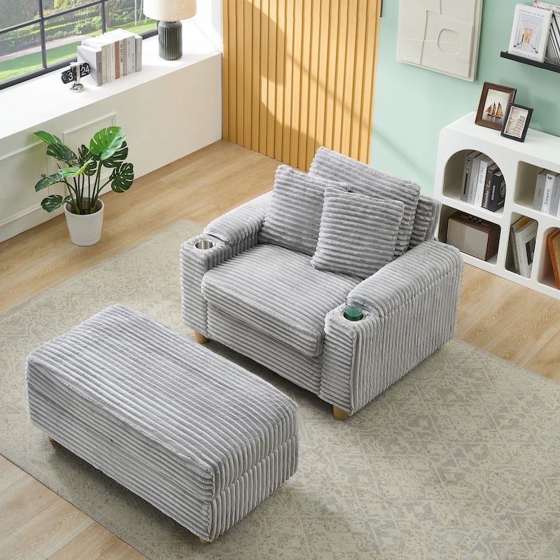 Corduroy Accent Chair & Storage Ottoman Set of 2, Single Sofa Armchair Lounge Chair with Pillows & Cup Holders - Gray