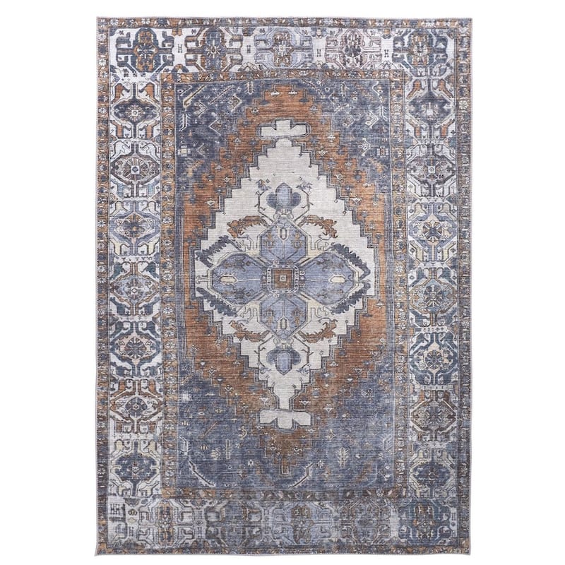 Grand Bazaar Prescott Machine Made Medallion Transitional Area Rug - 2' x 3' - Warm Light Gray/Mocha Brown/Denim Blue