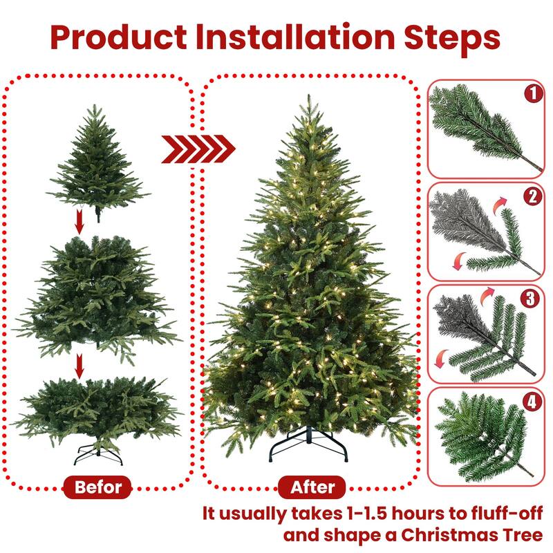 6ft Pre-Lit Christmas Tree with 400 Incandescent Lights, 1931 Tips, Hinged Pine with Memory Wire Branches, Foldable Metal Stand