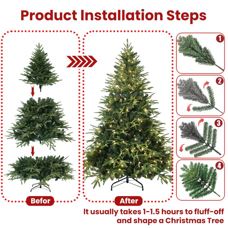 Pre-Lit Artificial Pine Tree - Warm White Incandescent Lights, PE+PVC Branches, Metal Stand - Green