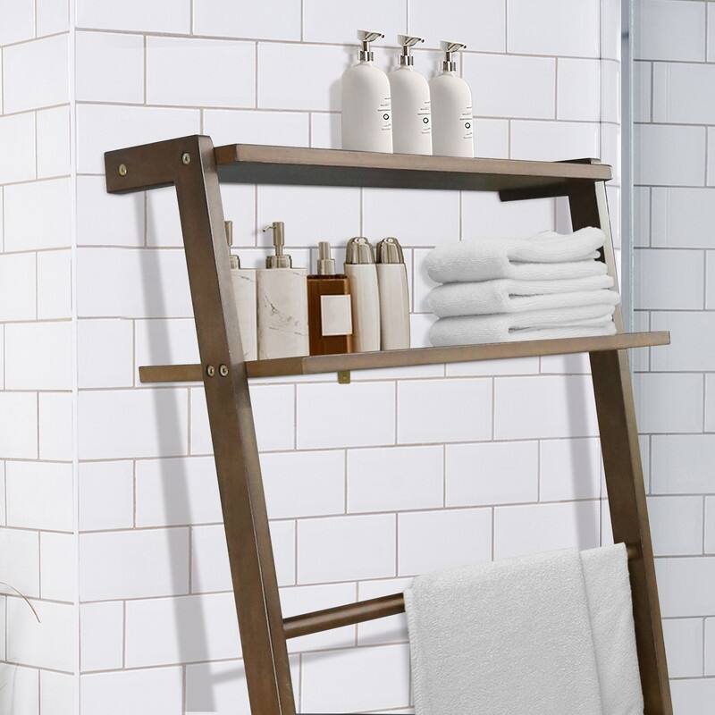 Space Saving 100% Solid Wood 6 Tiers Blanket Ladder with Two Storage Shelves