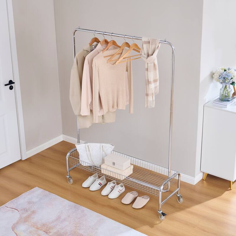 Garment Rack with Basket on Wheels Rolling Clothes Rack for Hanging Clothes Heavy Duty Garment Rack,2 pcs in one carton - Silver