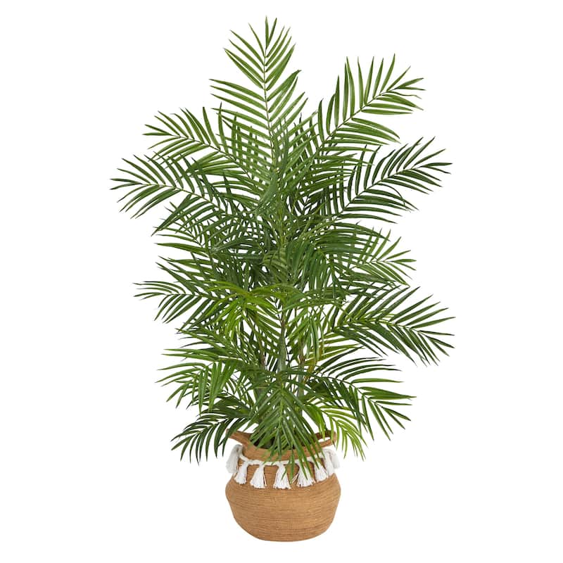 Artificial Palm Tree 4ft Indoor Tropical Plant in Boho Planter with Tassels - Green