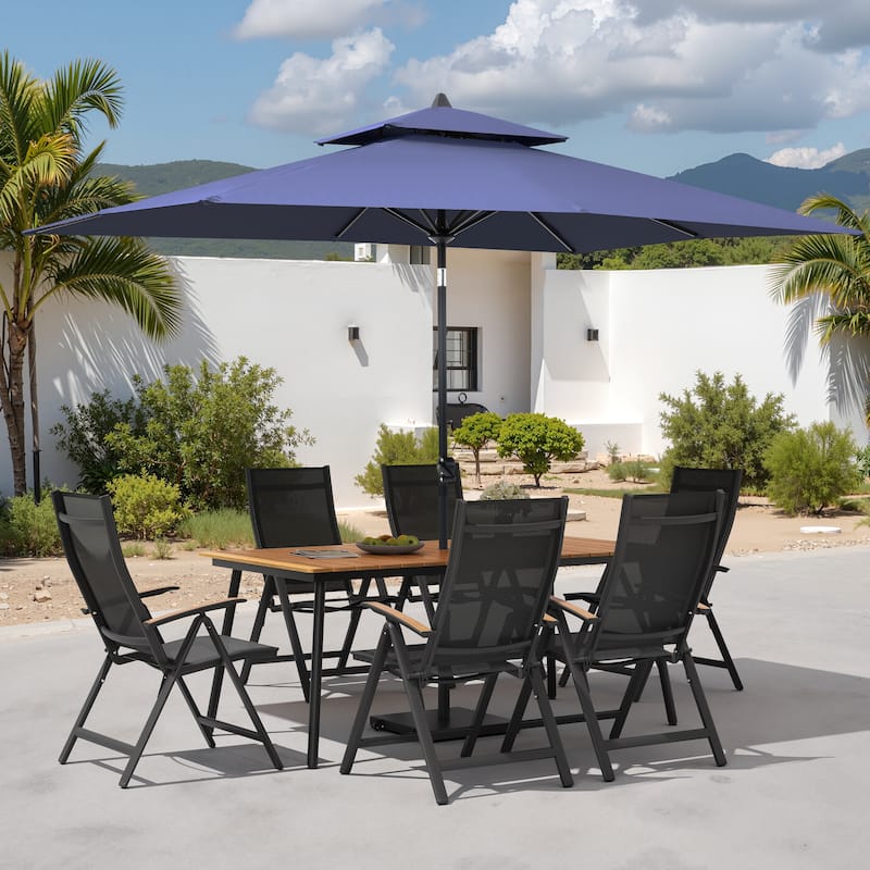 9PC Outdoor Patio Dining Set WoodLike Aluminum Umbrella Hole Table with Folding Chairs,Double Top Market Umbrella and Wheel Base - BrownTable&BlackChairs&NavyBlueUmbrella