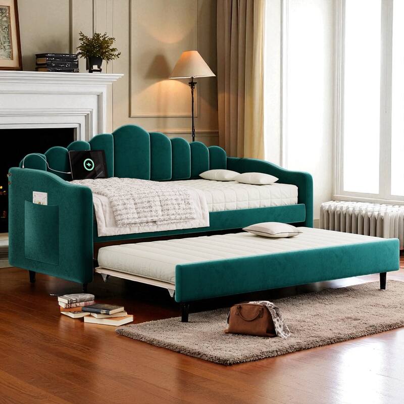 Twin Size Velvet Upholstered Daybed with Trundle, USB Charging Ports, Side Pockets, No Box Spring Required