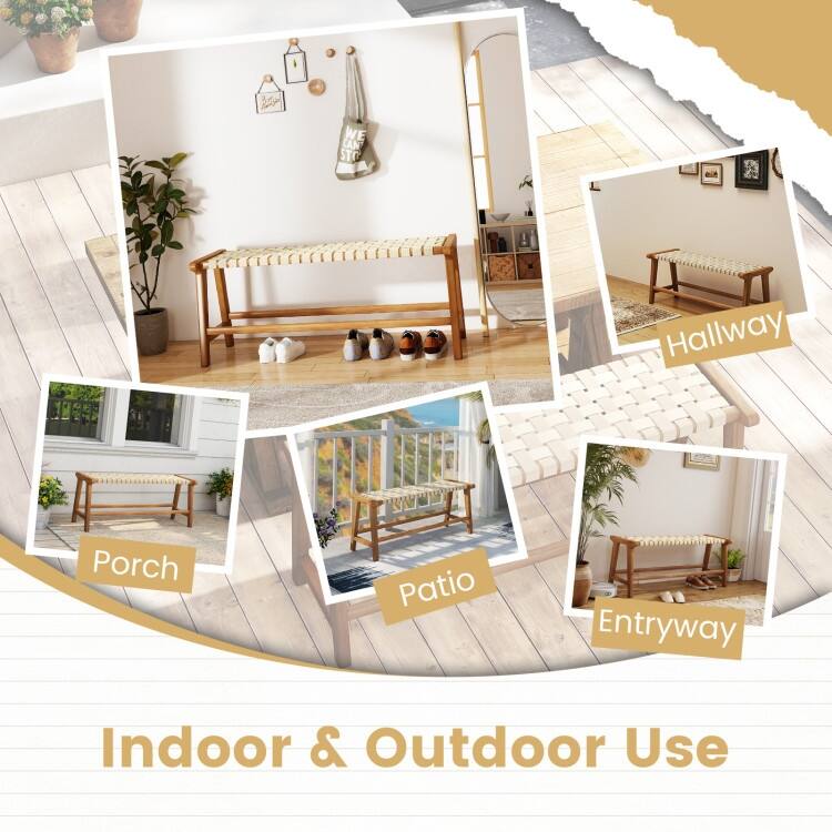 Natural-Beige Teak Wood Patio Bench with Woven Seat - 47" x 16" x 19.5"