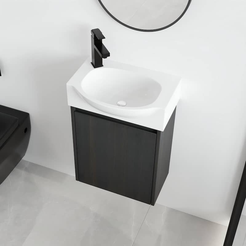 Malwee 16" Floating Bathroom Vanity, Mini Wall Mounted Bathroom Vanity with Ceramic Sink and Soft Close Door - 16"×11"×22" - Black