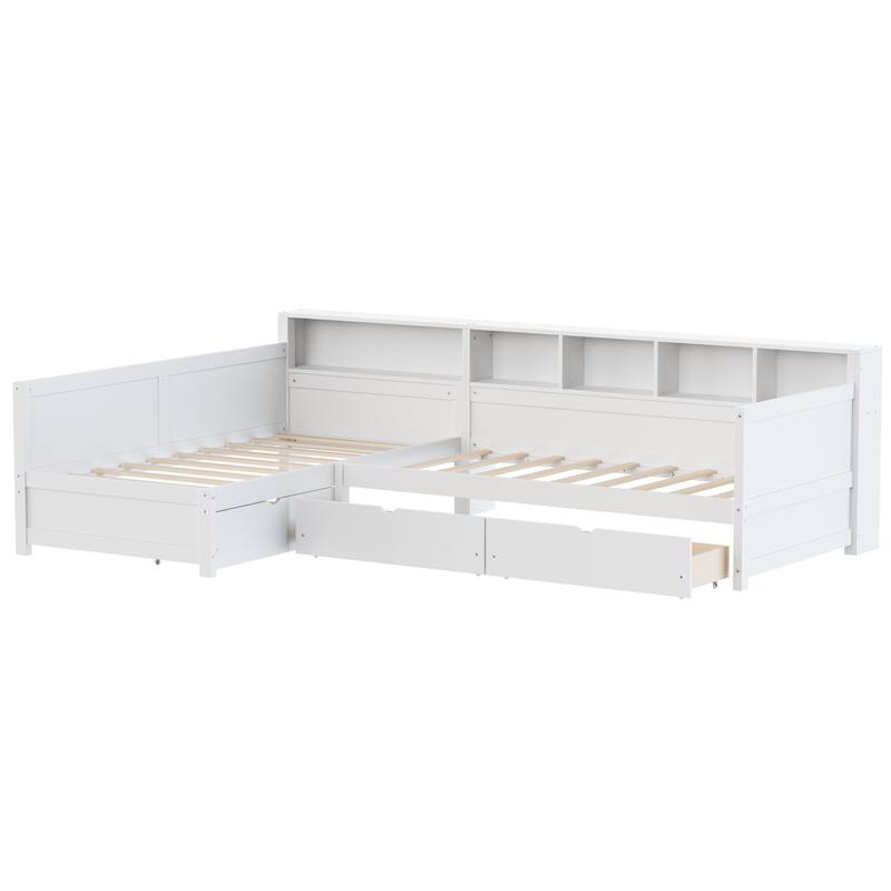 L-Shape Twin Size Day Bed for 2 with Storage Drawers and Bookshelf by Harper&Bright Designs