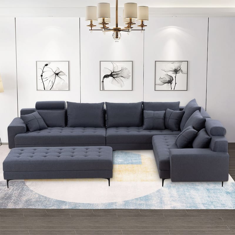 L Shaped Large Upholstered Fabric Couch Sectional Sleeper Sofa with Ottoman