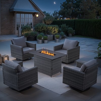 4 Outdoor Swivel Chairs with Fire Pit Table - Grey cushion