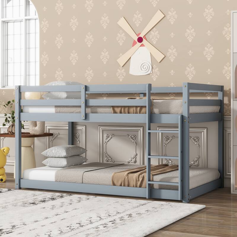 Wooden Twin over Twin Floor Bunk Bed with Ladder, with Bed Platform of Strengthened Slats - Grey