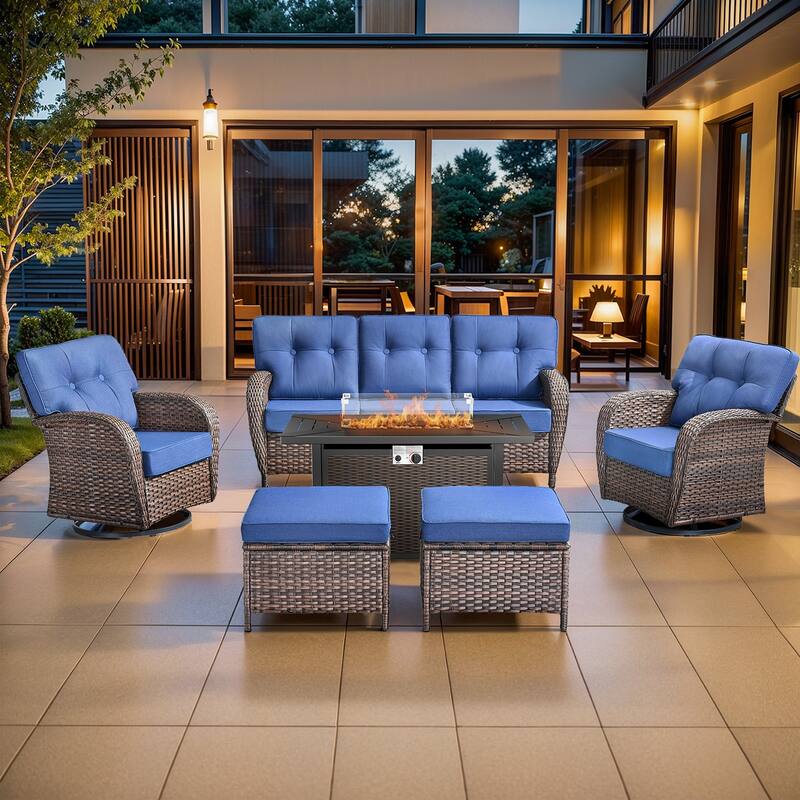 Pocassy Outdoor 43 In Fire Table with Sofa Swivel Chair Set - Brown Wicker Blue Cushion - 8-Piece Sofa Swivel Chair Ottoman with Fire Table
