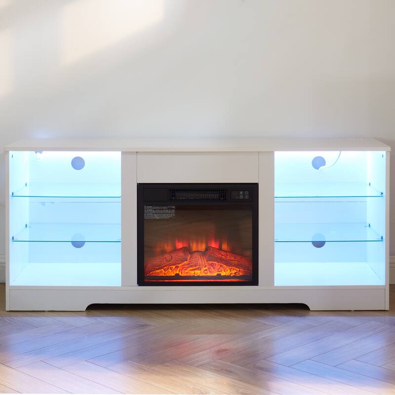 White 58" Fireplace TV Stand with Glass Shelves, LED Lights and USB Charging Outlet for TVs Up to 62"