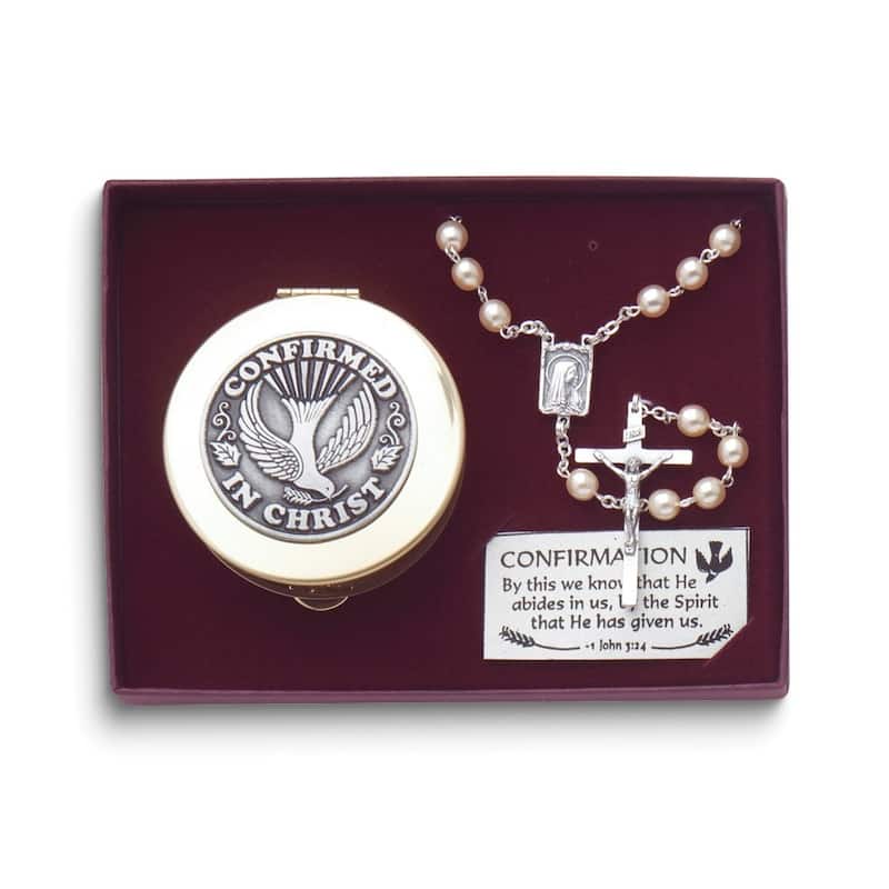 Curata Confirmed in Christ Silver-Tone Imitation Pearl Rosary and Rosary Box Gift Set