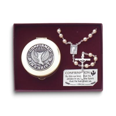 Curata Confirmed in Christ Silver-Tone Imitation Pearl Rosary and Rosary Box Gift Set
