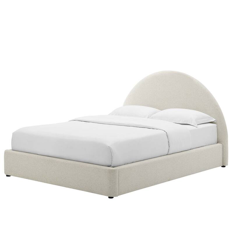 Palmetto Modern Round Headboard Ivory Fabric Upholstered King Size Platform Bed