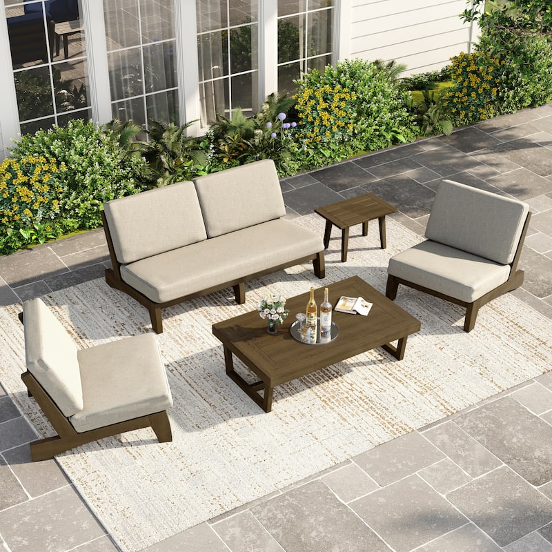 Casual Teak Wood 5-Piece Outdoor Patio Conversation Set - Natural Wood - Light Camel