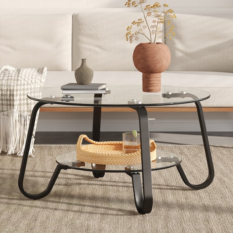 Vintage Minimalist Metal & Glass Coffee Table - 31.5" Square, Double Layer Tempered Glass