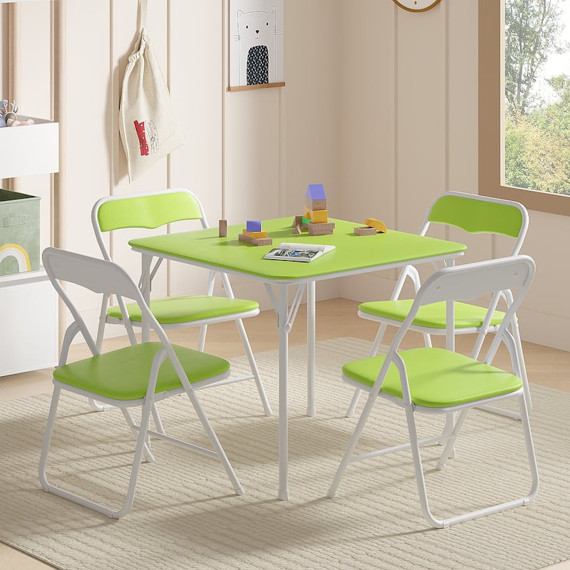 VECELO 5 Pcs Kids Folding Activity Table and Chairs Set, Portable, with Ultra Soft PU Padded Cushion, Matte Black