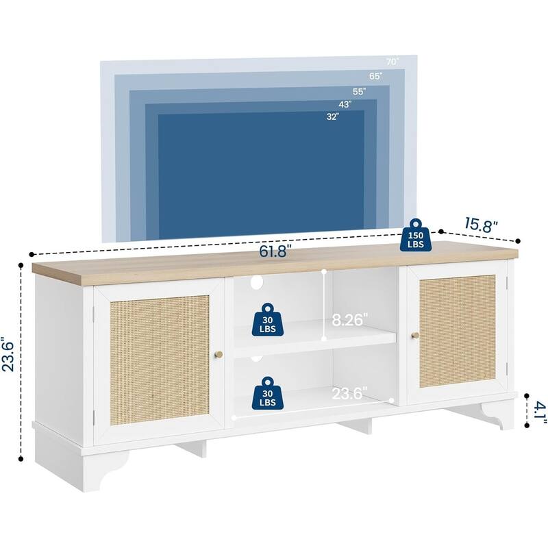 Boho TV Stand, with 2 Cabinets & Open Shelf