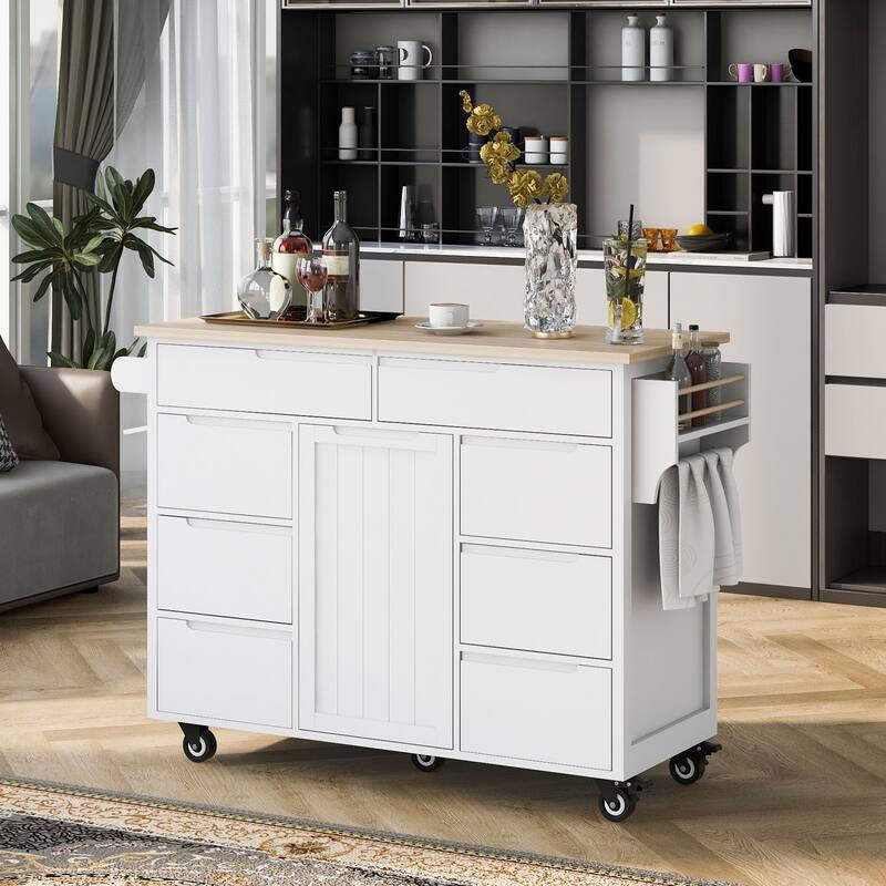 Rubberwood Kitchen Cart with Drop Leaf, Internal Storage Rack, Tableware organizer, and 8 drawers