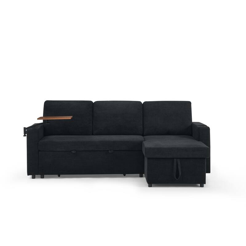 Pull Out Sleeper Sofa Bed Chenille L-shaped Sectional Couch with Storage Chaise, Retractable Table, LED, USB and Cup Holders