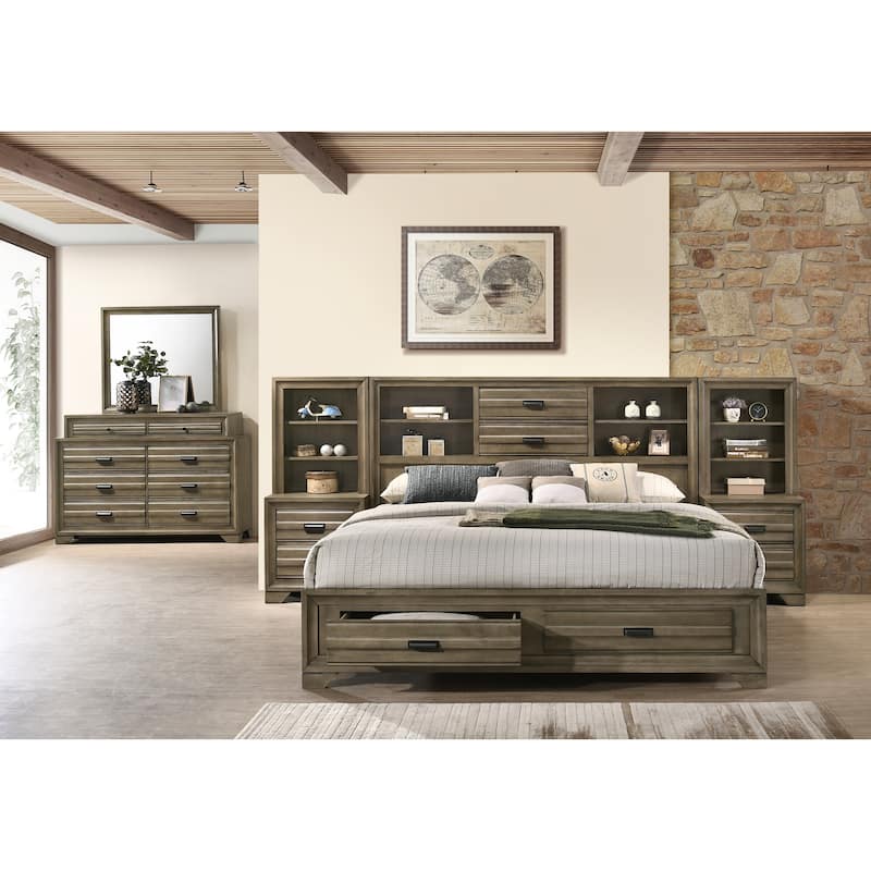 Roundhill Furniture Loiret Rubbed Gray Oak Finish Wood Storage Platform WallBed with Dresser and Mirror - King
