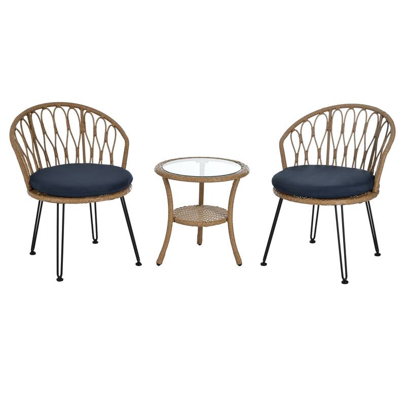 Outdoor Leisure Set,2 Rattan Chairs and Glass Table,Perfect for Patios,Balconies and Courtyards - Beige+Dark Blue