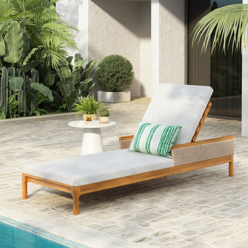 Christopher Knight Home - Solid Acacia Wood Outdoor Chaise Lounge with 4-Position Adjustable Backrest & Woven Rattan Accents - Set of 1+Light Grey