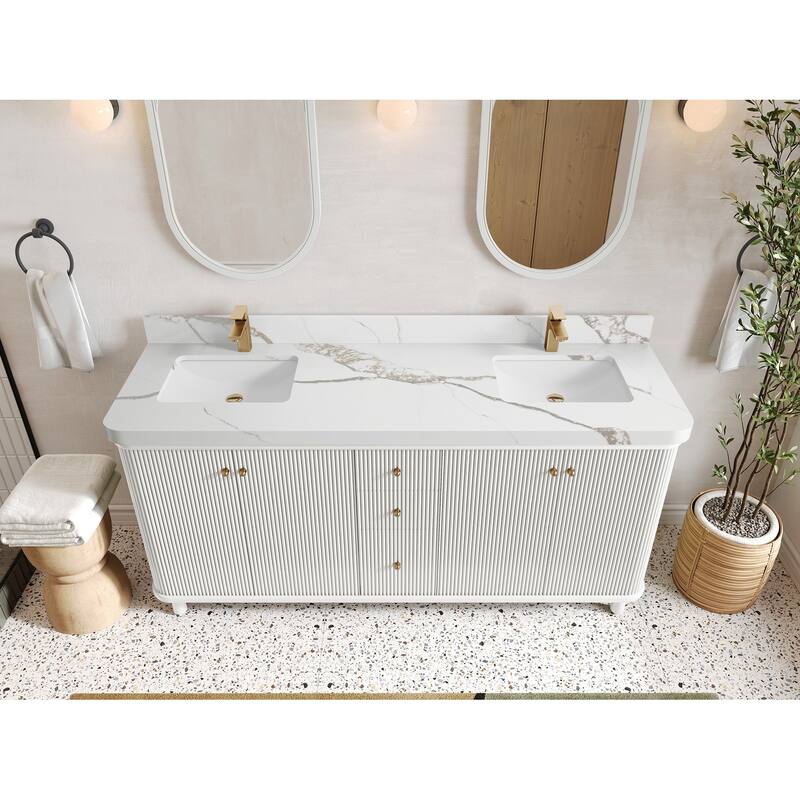 Willow Collections 72 in. W x 22 in. D Reeded Miami Double Bowl Sink Bathroom Vanity with Countertop - 2”Calacatta Gold - White