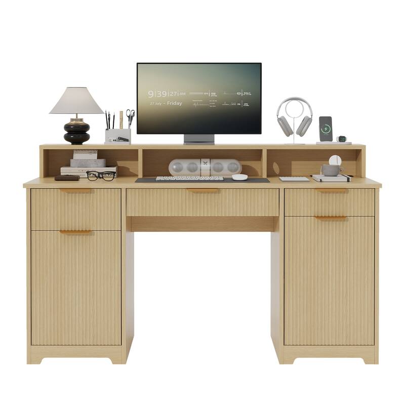 Pocassy Fluted Office Desk with Power Outlets Long Monitor Stand