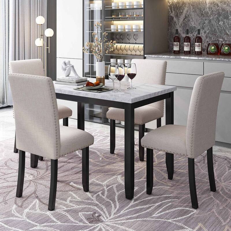 5 PCS Faux Marble Dining Set for 4 - Padded Chairs, Perfect for Modern Homes