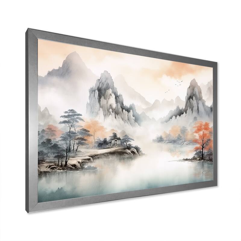Designart "Grey Tranquil Chinese Landscape Serenity I" China Orange - Traditional Entryway Framed Wall Art Print