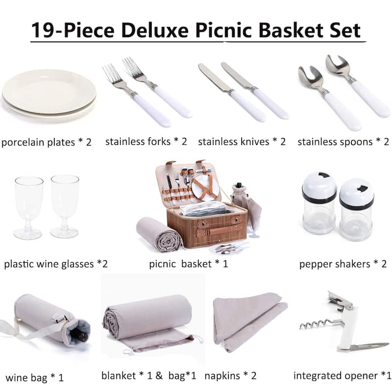 Picnic Basket Set for 2 with Waterproof Blanket Insulated Wine Pouch Hamper with Cutlery for Two Persons