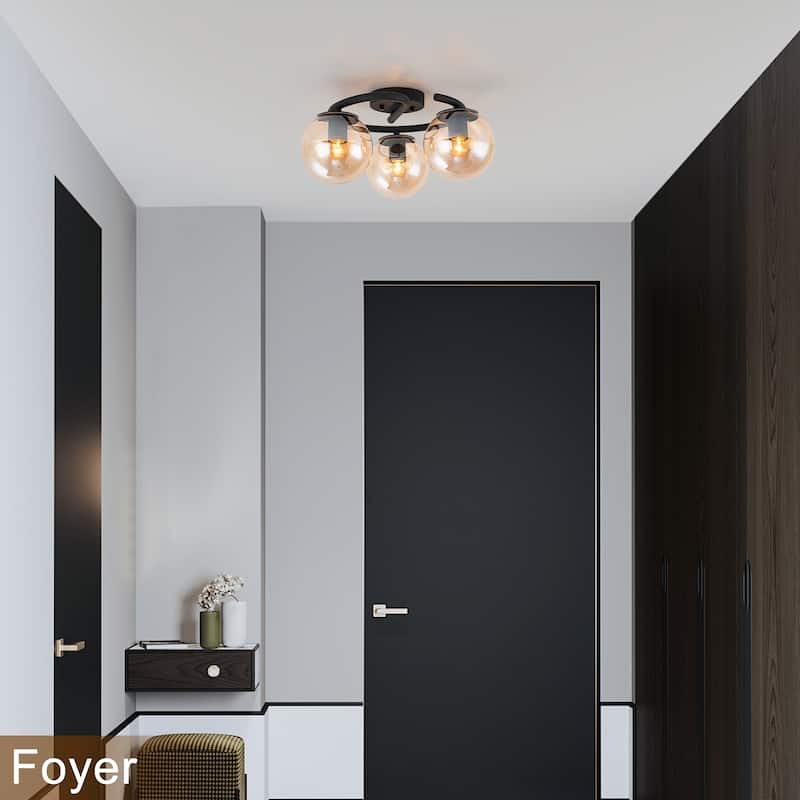 3 Light Matte Black Flush Mount Lighting Industrial with Amber Glass Globes - Dia.16.93-in