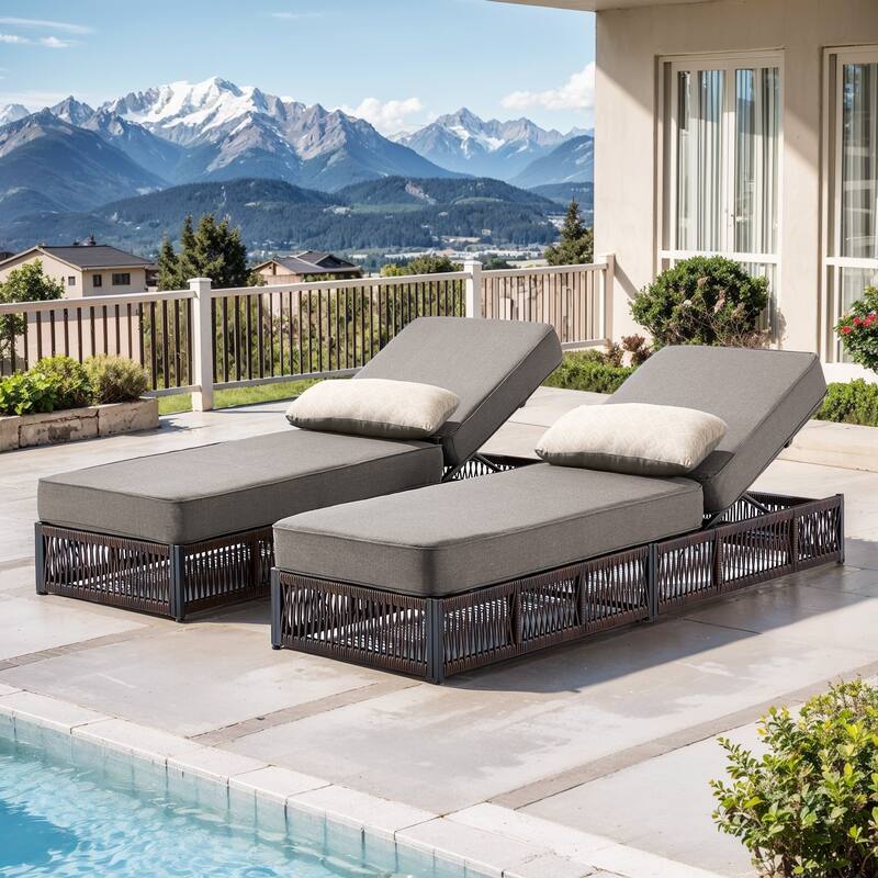 Pocassy Outdoor Lounge Chairs, Pool Lounge Chairs with Adjustable Backrest - 2-Piece Brown Wicker Gray Cushion