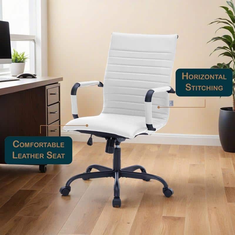 Harris Ribbed Leather Adjustable High-Back Desk Computer Swivel Office Chair in Black Metal Frame for Home Conference