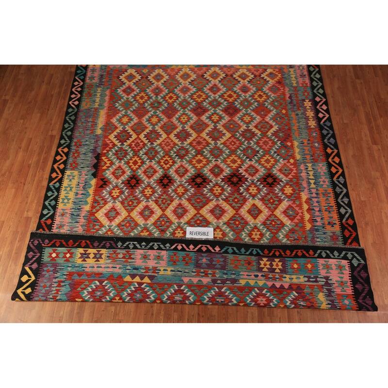 Trellis Kilim Oriental Area Rug Hand-Woven Reversible Wool Carpet - 9'11"x 12'8"
