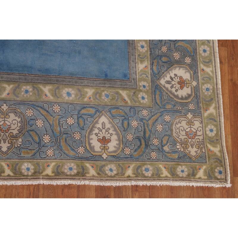 Over-Dyed Blue Tabriz Persian Vintage Rug Handmade Wool Carpet - 9'10"x 13'0"