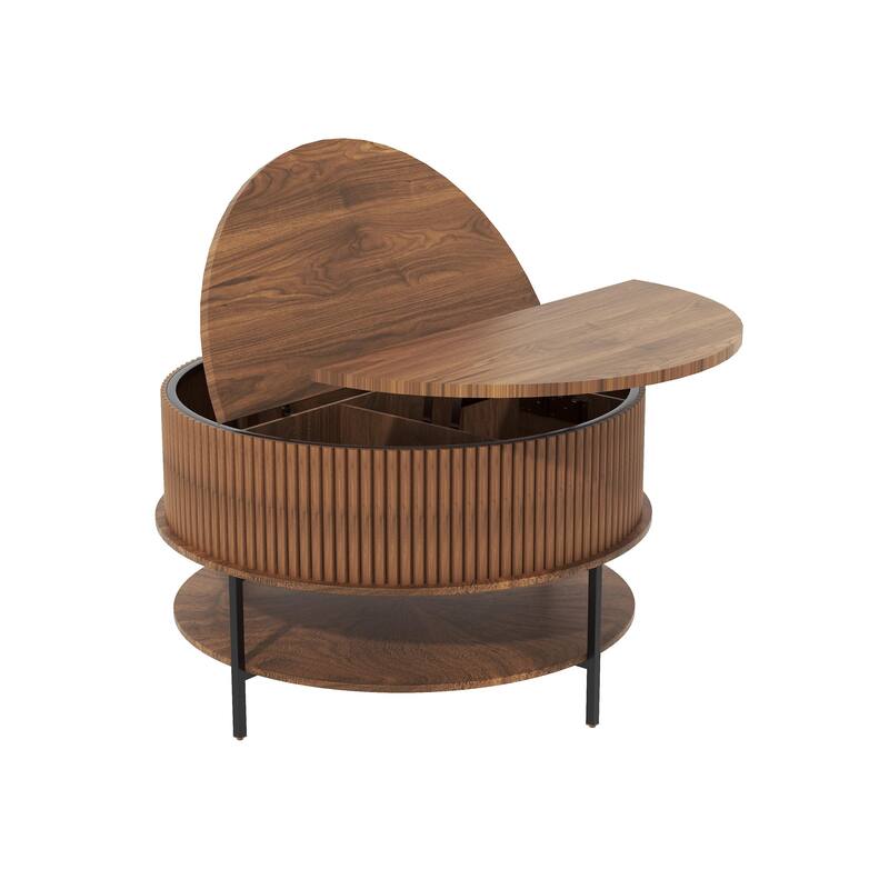 31.5 Inch Farmhouse Brown Lift Top Coffee Table, Round Storage Cocktail Table with Sturdy Steel Legs, for Living Room