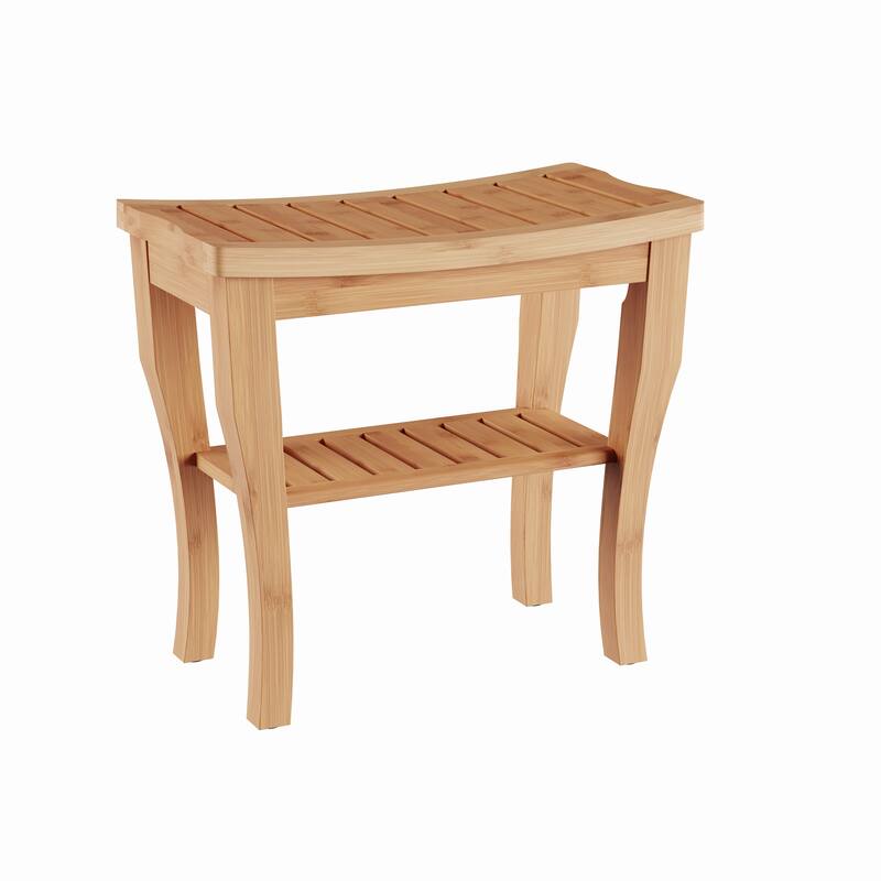 Bamboo Shower Bench Spa Stool - Wood 2-Tier Seat, Foot Rest Shaving Stool with Non-Slip Feet + Storage Shelf by Lavish Home