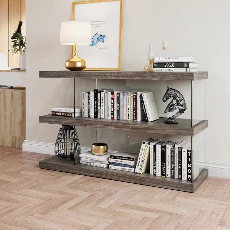 Davee 3 Tires Geometric Glass Bookcase - 47.24'' x 15.75'' x 30'' - Walnut - 47.24'' x 15.75'' x 30''