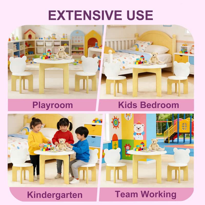 Kids Table and Chair Set, 3-Piece Toddler Table with 2 Chairs, Cute Bear-Back Chairs, Sturdy Wooden Activity Table Set
