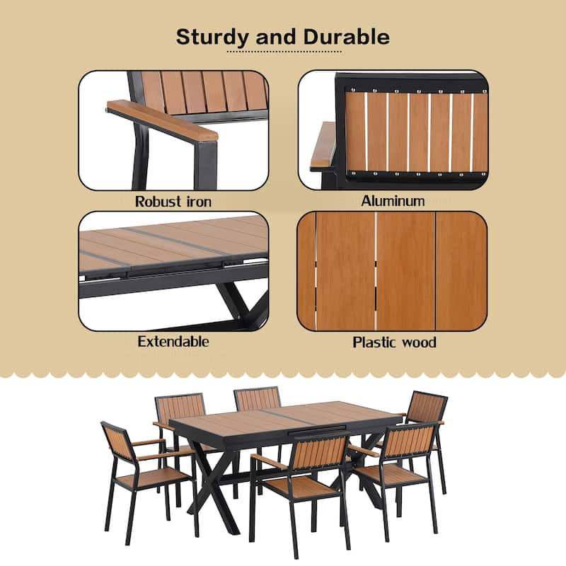 Flexible Outdoor Dining Set,6 Chairs and Extendable Table,62.9" to 82.6"