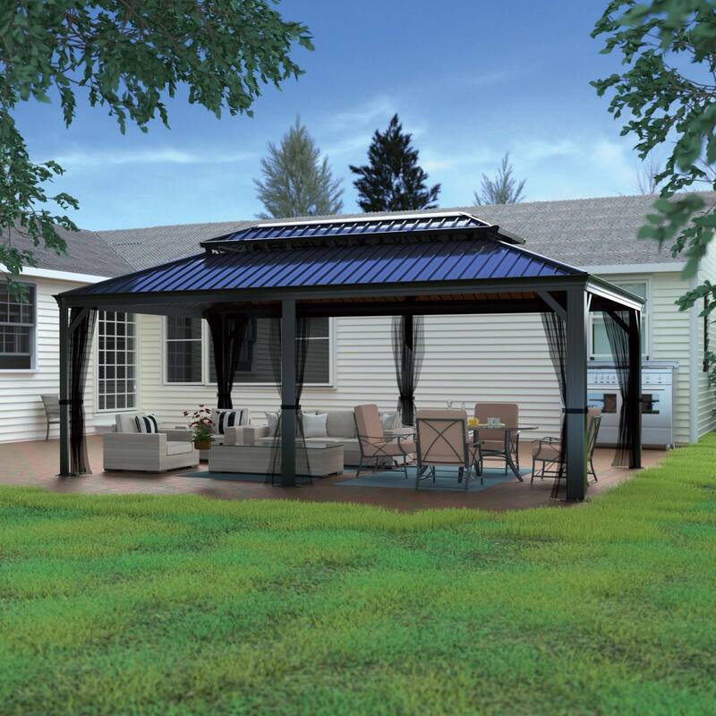 VEIKOUS Aluminum Double Hardtop Gazebo Pergola for Patio, Lawn, and Garden with Removable Netting - 14×20