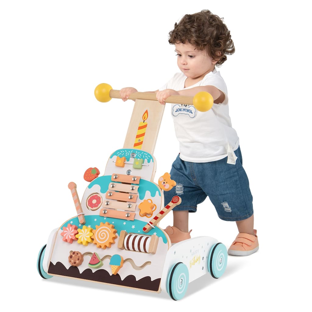 MDF Wooden Kids Walker with Xylophone, Adjustable Handle and Activity Toys - 11.5" L x 13.5" W x 16" H