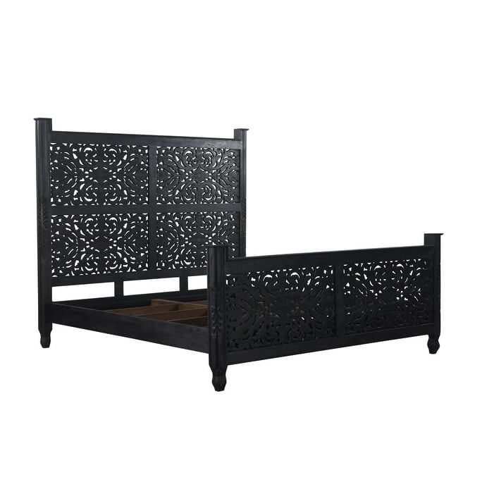 HomeRoots Carved Solid Wood King Black Bed
