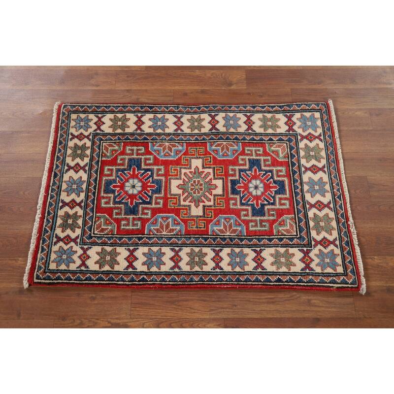 Hand Knotted Oriental 100% Wool Carpet Traditional Geometric Red Kazak Area Rug - 3' 0'' X 2' 0''