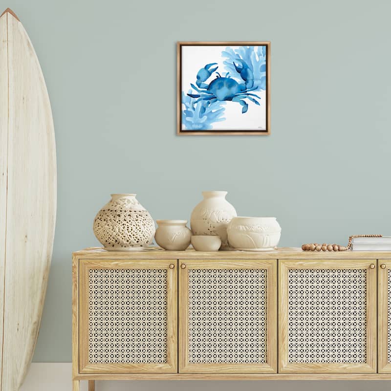 Stupell Blue Tone Crab & Coral Framed Floater Canvas Wall Art Design By Cat Thurman Designs