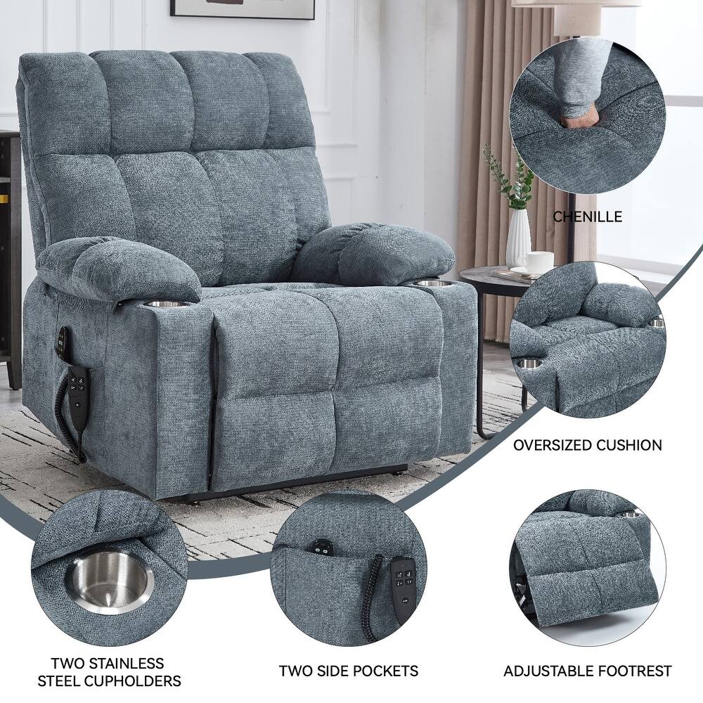 Chenille Power Lift Recliner Chair with Massage & Heating, Dual Motor Infinite Position Electric Recliner with Cup Holders
